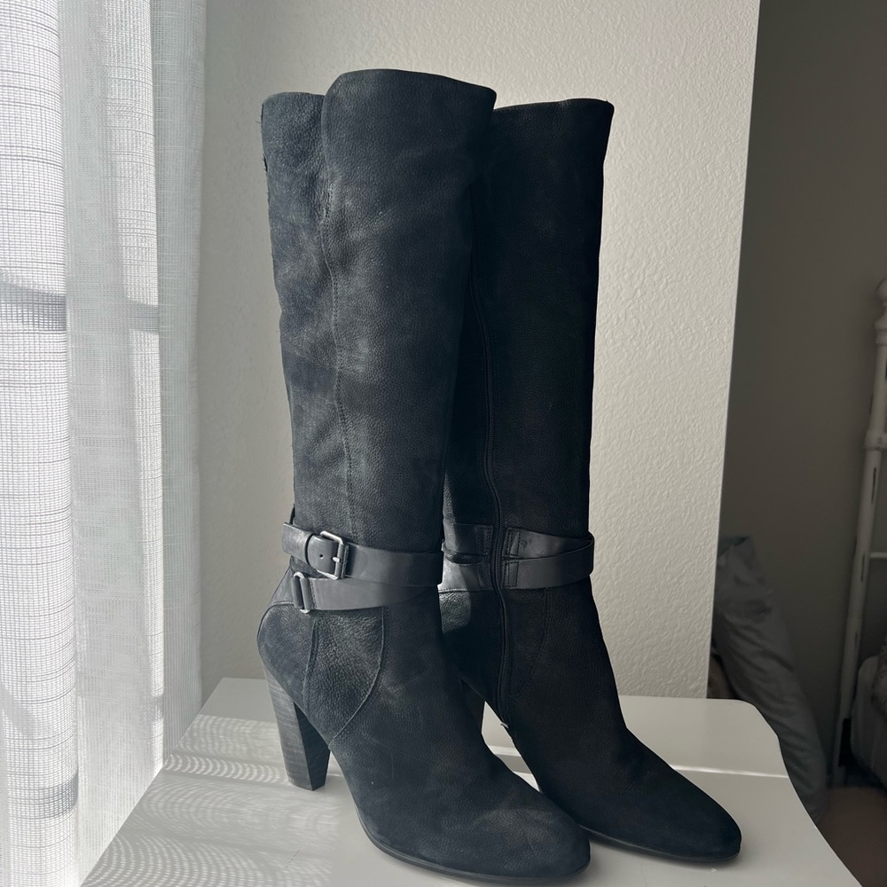ECCO Womens 39 8 8.5 Tall Black Nubuck Leather Harness Riding Boots